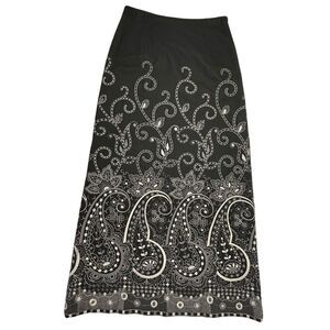Talbots Embroidered Wool Blend Maxi Skirt Women Size 8 Black Gray A-Line Paisley